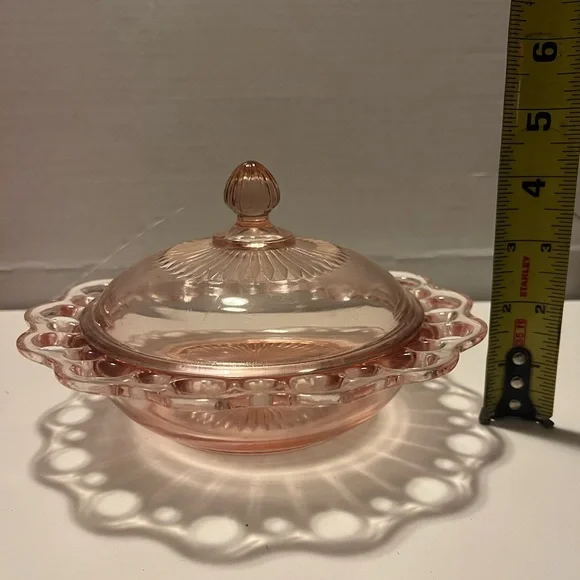 Vintage Pink Glass Dish Depression Glass Ribbed Lid w/Lace